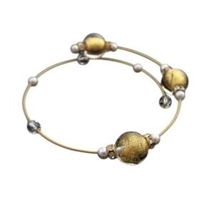 Yellow‎ Art Glass Faux Pearl Gold Plated Adjustable Wrap Around Bypass Bracelet